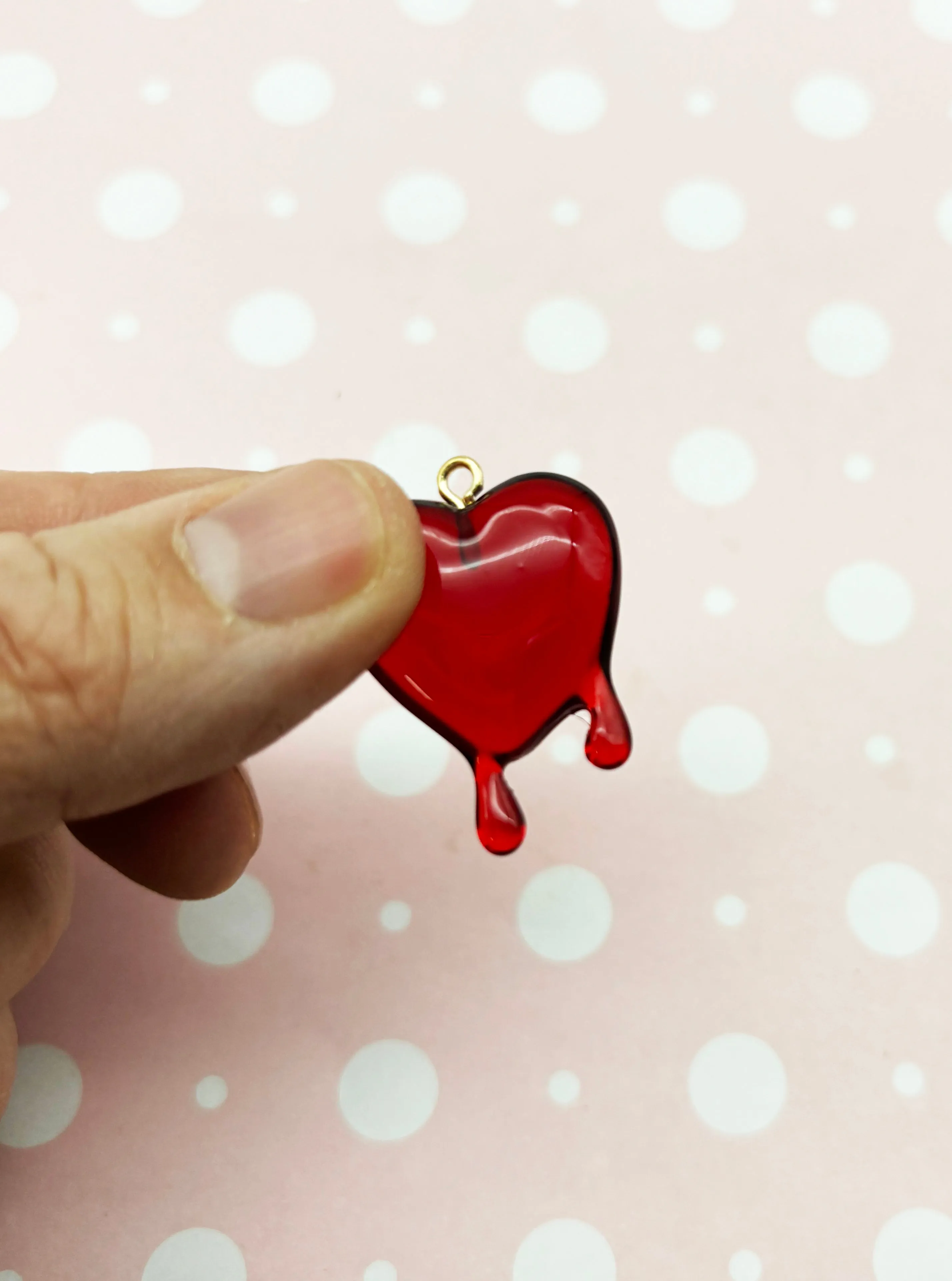 2 Translucent Red Drippy or Melting Heart Charms, Hard Resin Valentines Pendants, L410