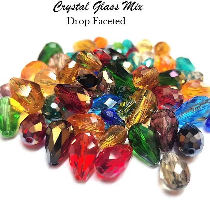 200 Pcs Pkg. Multi color, Drop Faceted Crystal Glass beads, size encluded as 5X7MM, 8X12MM, 10X15MM AND SOME 3X5MM