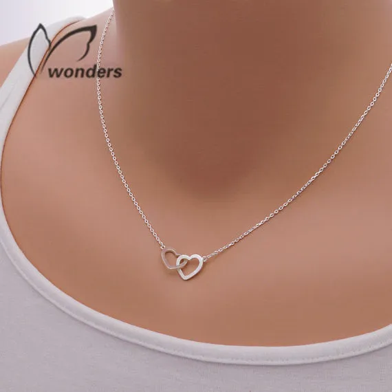 2016 Stainless Steel Chain Dainty Entwined Double Hearts Pendant Necklace Couples
