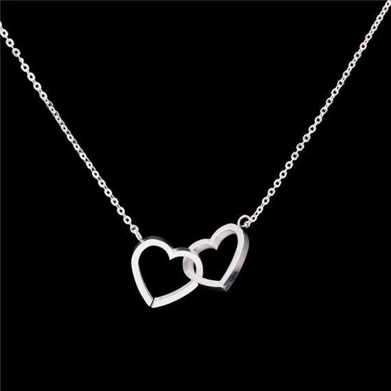 2016 Stainless Steel Chain Dainty Entwined Double Hearts Pendant Necklace Couples