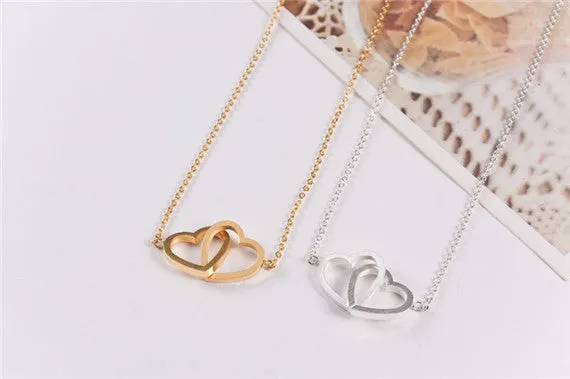 2016 Stainless Steel Chain Dainty Entwined Double Hearts Pendant Necklace Couples
