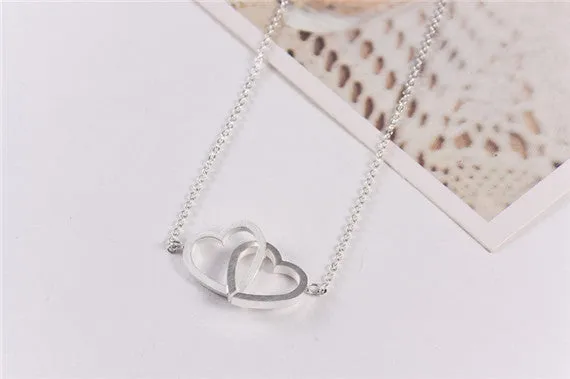 2016 Stainless Steel Chain Dainty Entwined Double Hearts Pendant Necklace Couples