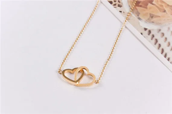 2016 Stainless Steel Chain Dainty Entwined Double Hearts Pendant Necklace Couples
