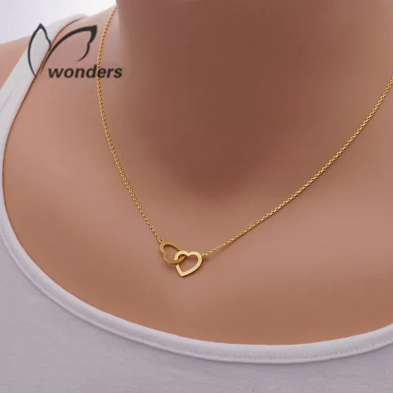 2016 Stainless Steel Chain Dainty Entwined Double Hearts Pendant Necklace Couples