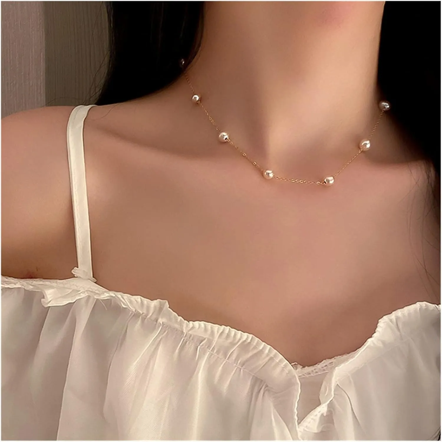 2022 Trend Pearl Thick Chain Pendant Necklace Compatible with Women Kpop Fashion Collar Necklace Choker Jewelry Female (Metal Color : IF14811648)