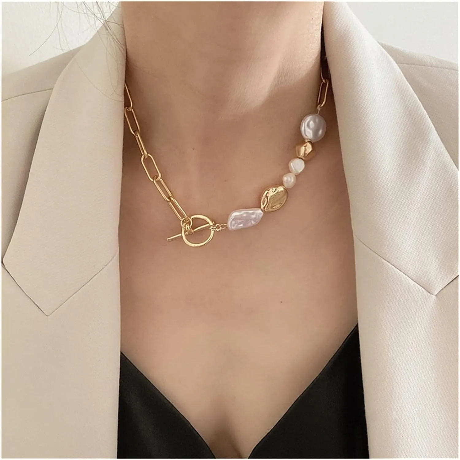 2022 Trend Pearl Thick Chain Pendant Necklace Compatible with Women Kpop Fashion Collar Necklace Choker Jewelry Female (Metal Color : IF14811652)