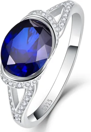 2ct Created Sapphire Ring for Women 925 Sterling Silver Blue Sapphire Ring Paved White Cubic Zirconia Engagement Wedding Band Ring for Women Size 5-9