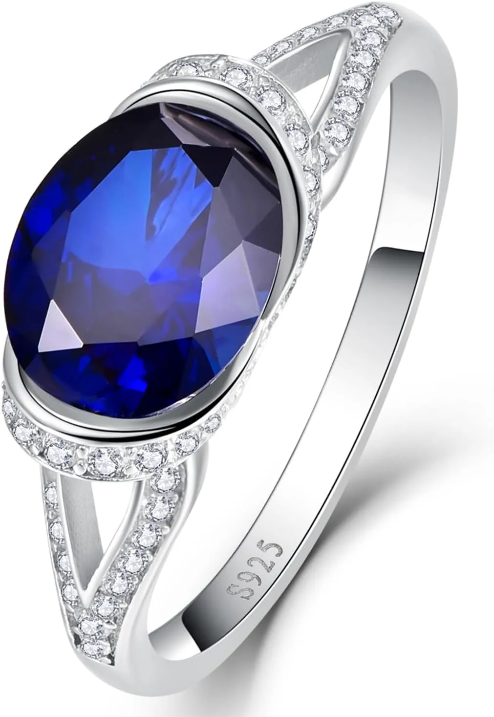 2ct Created Sapphire Ring for Women 925 Sterling Silver Blue Sapphire Ring Paved White Cubic Zirconia Engagement Wedding Band Ring for Women Size 5-9