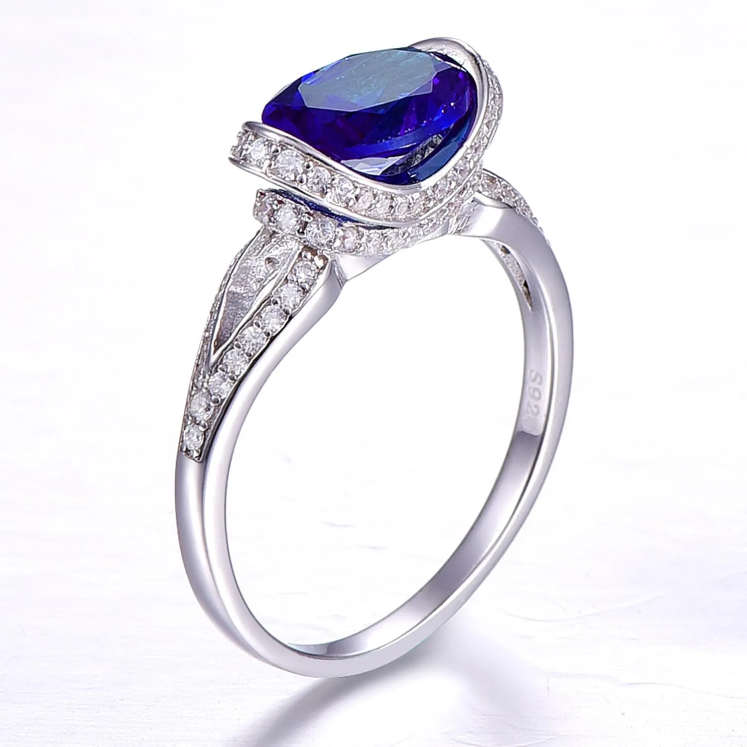 2ct Created Sapphire Ring for Women 925 Sterling Silver Blue Sapphire Ring Paved White Cubic Zirconia Engagement Wedding Band Ring for Women Size 5-9