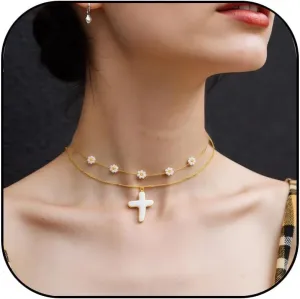 2PS Pearl and Gold Layered Necklaces for Women Daisy Pearl Choker and Cross Pendant Necklace Jewelry set Dainty Summer Flower Jewelry Gifts