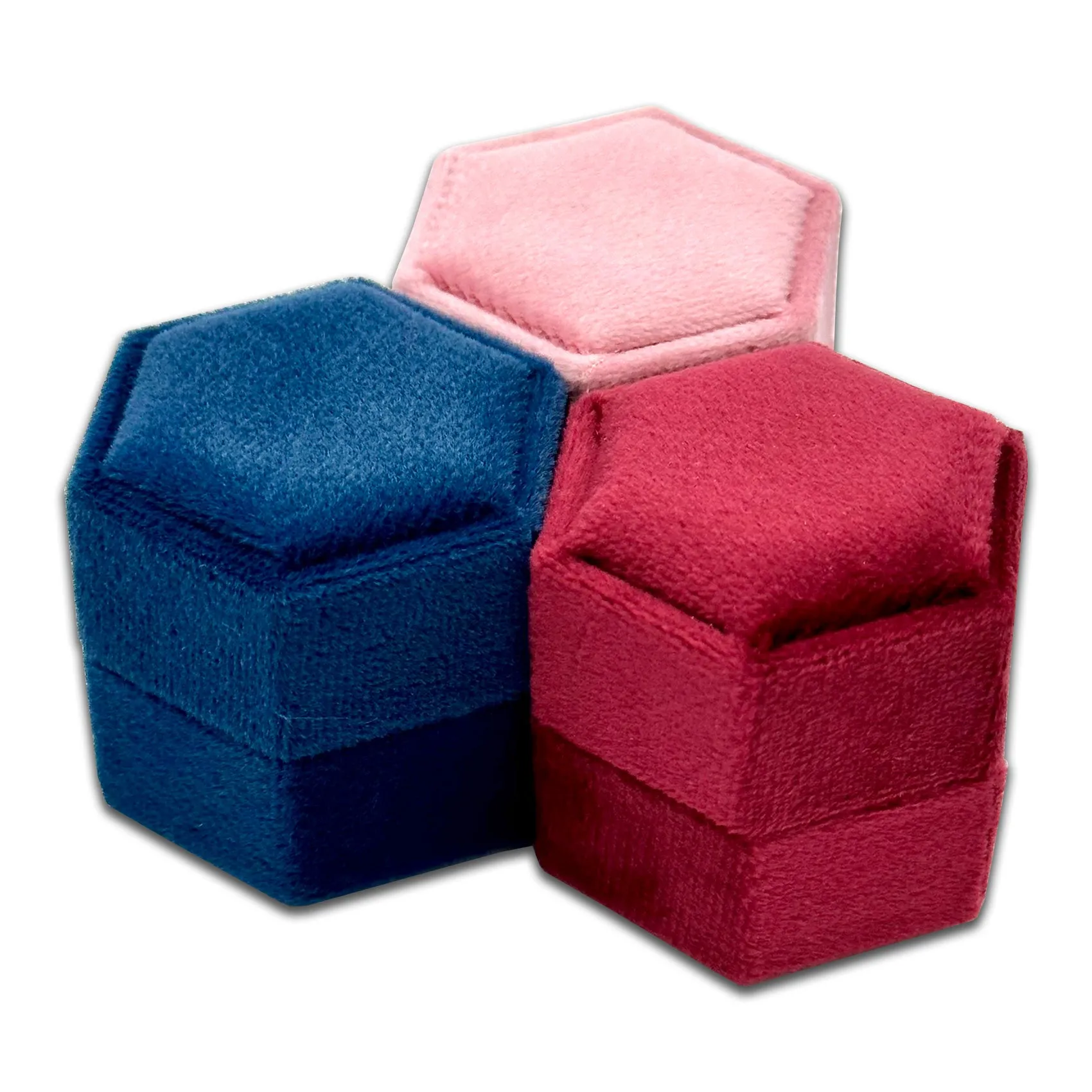 2" x 1.75" Navy Velvet Hexagon Double Ring Box