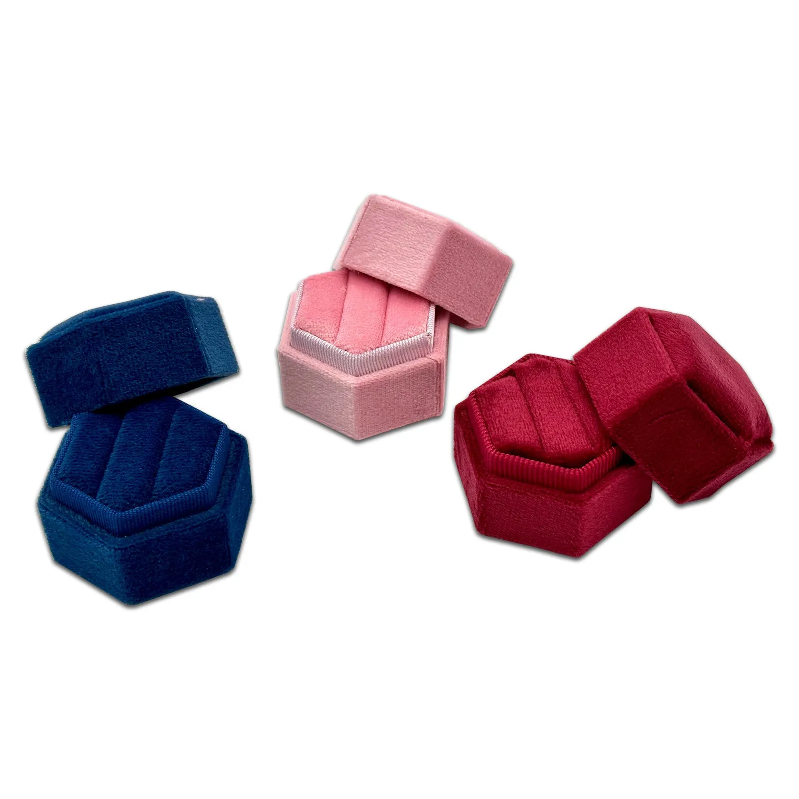 2" x 1.75" Navy Velvet Hexagon Double Ring Box
