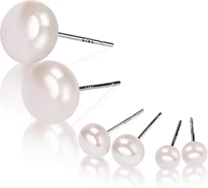 3 Pairs AAA  White Freshwater Cultured Pearl Earrings for Women,925 Sterling Silver,Size 3 9mm 