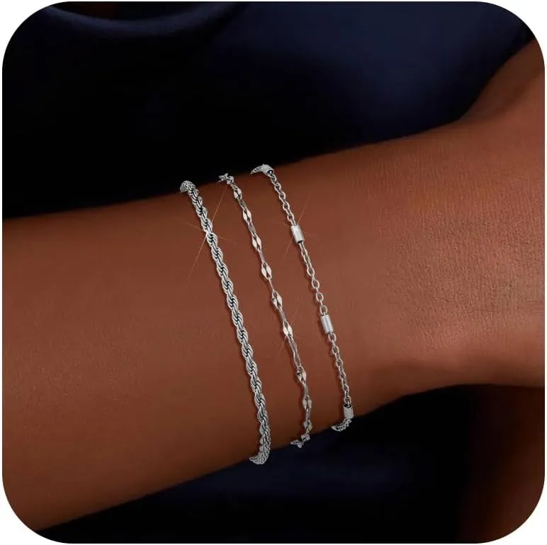 3 Pcs Gold and Silver Bracelets for Women 14K Gold Initaial Bracelet Stackable Letter Charm A-Z Monogram Bracelet Anti Tarnish Jewelry Gifts for Women