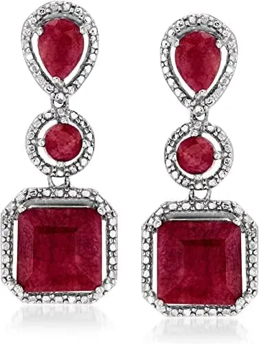 3.00Ctw Square Shape Simulated Red Ruby Drop & Dangle Earrings 14K White Gold Plated