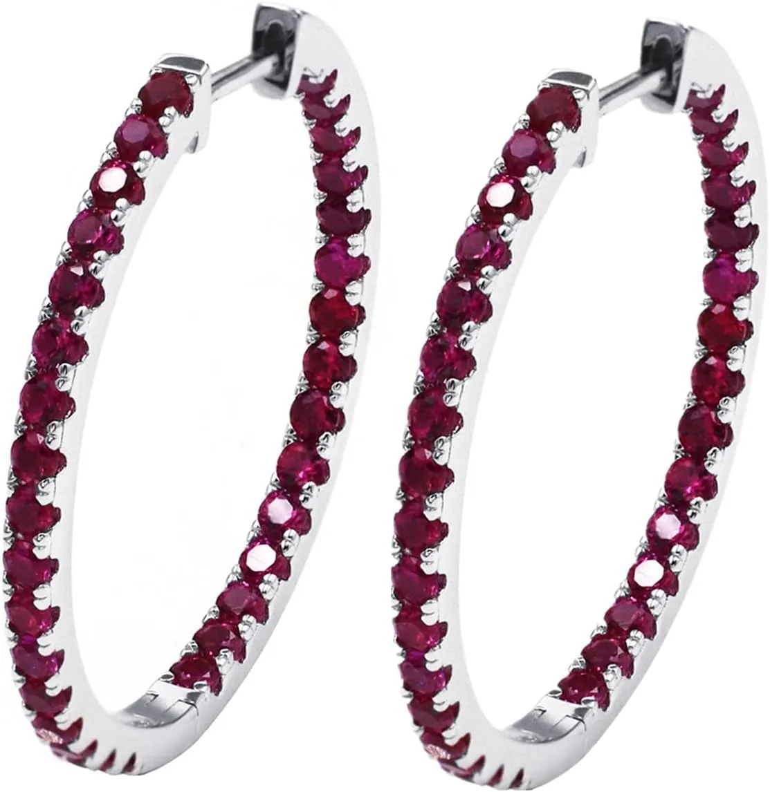 30mm Ruby Hoop Earrings for Women VVS1 Round Gemstone Earrings S925 Sterling Silver Large Hoop Earrings 18K White Gold Plated, Red