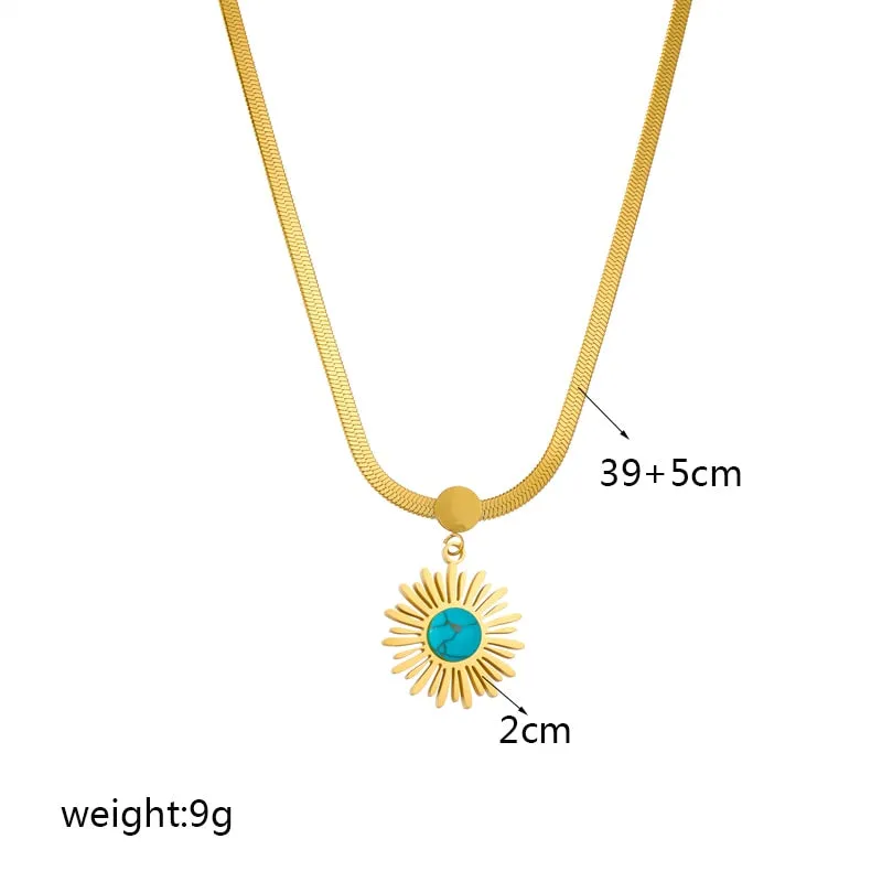 316L Stainless Steel Blue Stone Flower Pendant Necklace For Women