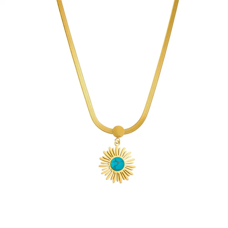 316L Stainless Steel Blue Stone Flower Pendant Necklace For Women