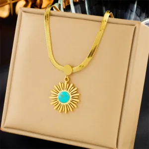 316L Stainless Steel Blue Stone Flower Pendant Necklace For Women
