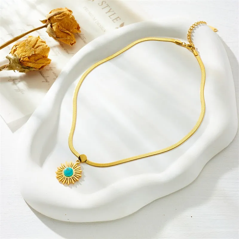 316L Stainless Steel Blue Stone Flower Pendant Necklace For Women