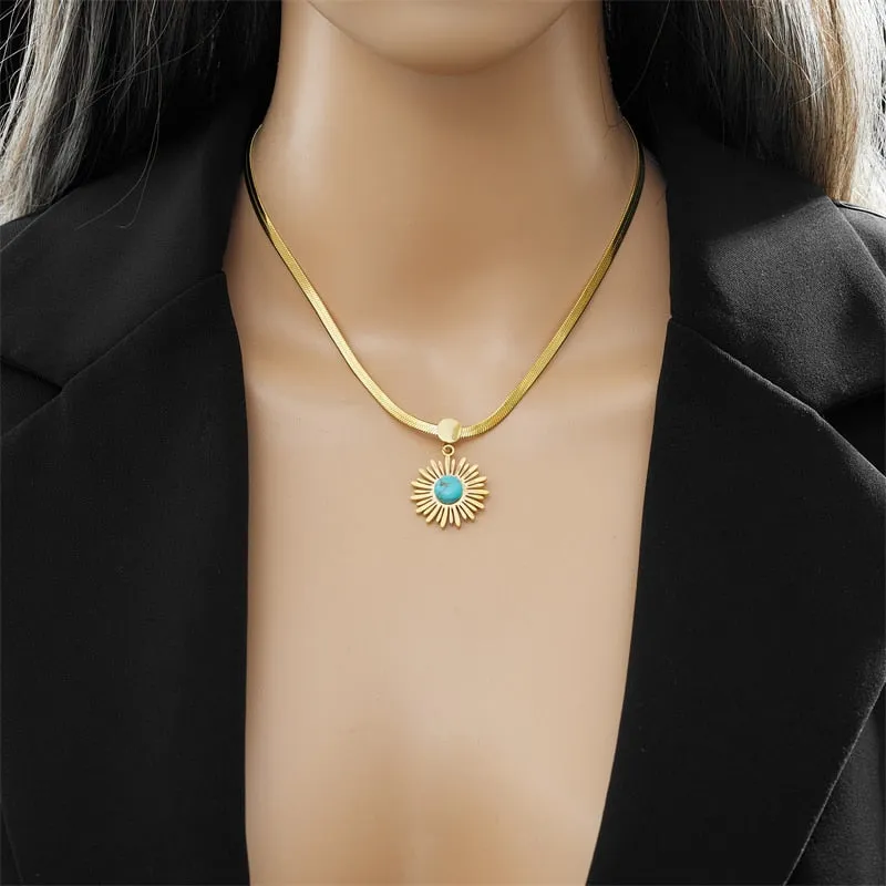 316L Stainless Steel Blue Stone Flower Pendant Necklace For Women