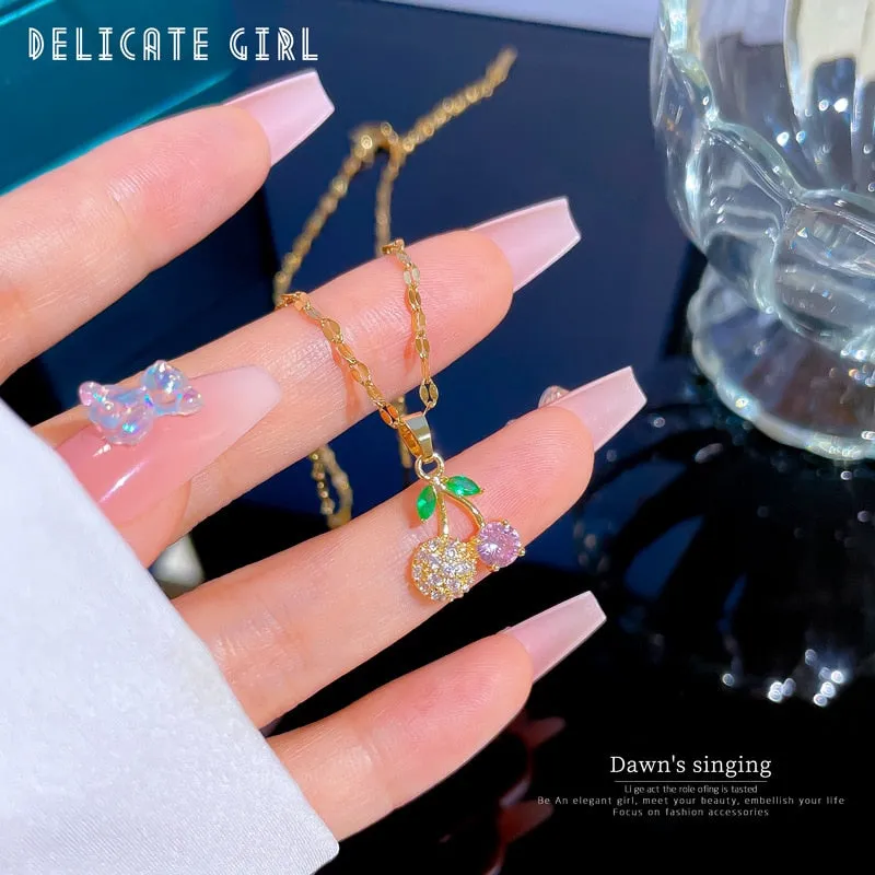 316L Stainless Steel Colorful Stone Cherry Pendant Necklace For Women