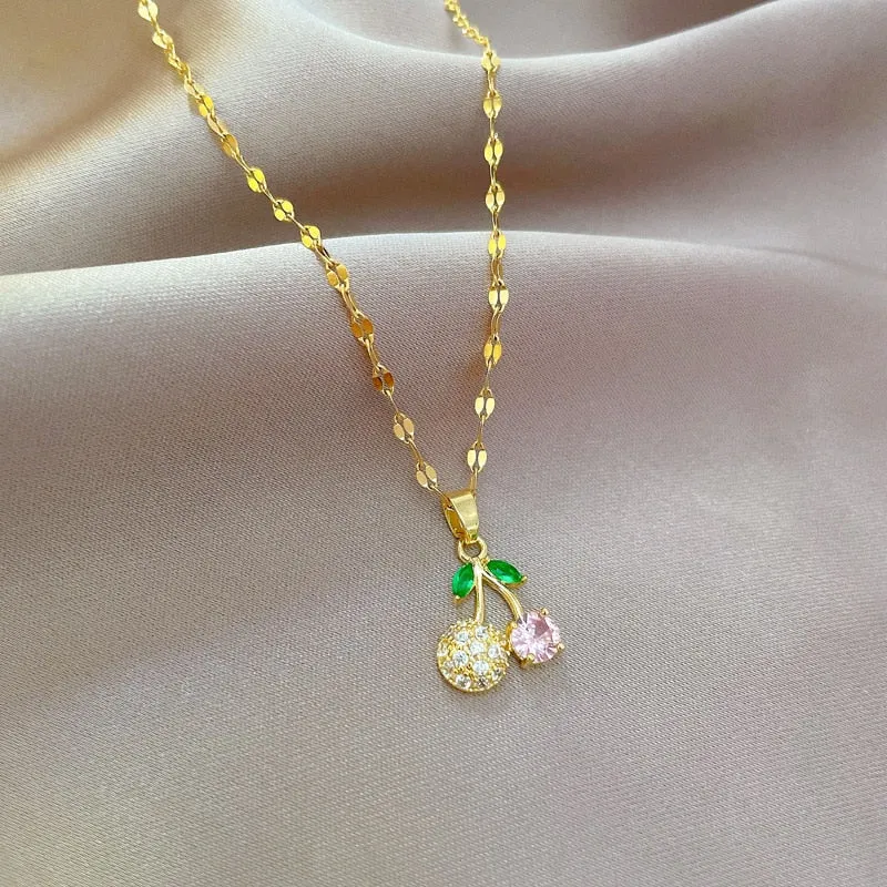 316L Stainless Steel Colorful Stone Cherry Pendant Necklace For Women