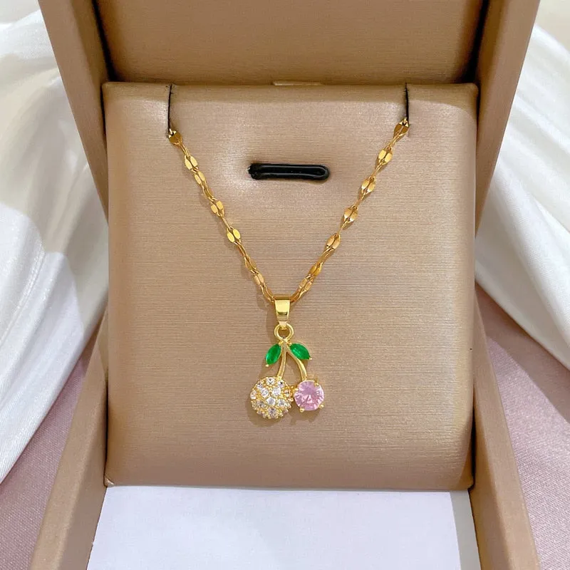 316L Stainless Steel Colorful Stone Cherry Pendant Necklace For Women