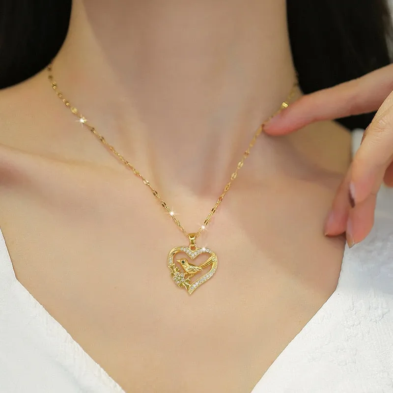316L Stainless Steel Creative Heart Bird Pendant Necklace For Women