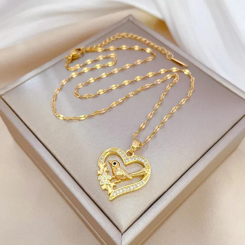 316L Stainless Steel Creative Heart Bird Pendant Necklace For Women