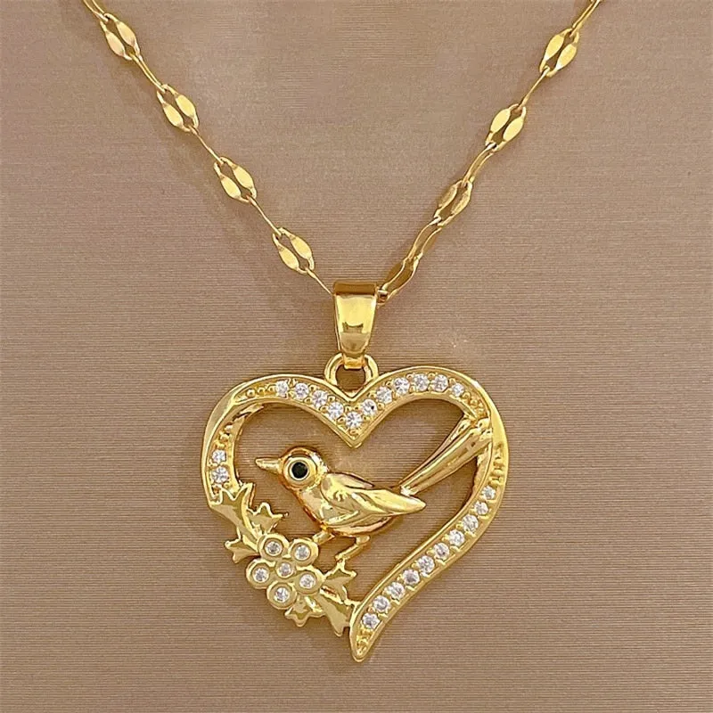 316L Stainless Steel Creative Heart Bird Pendant Necklace For Women