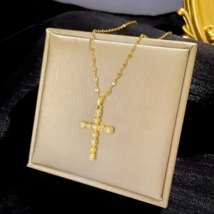316L Stainless Steel Cross Full Zircon Pendant Necklace For Women