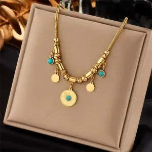 316L Stainless Steel Gold Color Round Green Stone Pendant Necklace For Women
