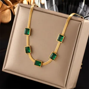 316L Stainless Steel Green Square Crystal Decoration Necklace For Women