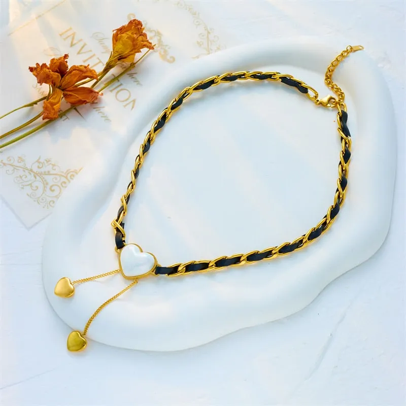 316L Stainless Steel Large Heart Shaped Pearl Tassel Pendant Necklace For Women