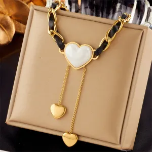 316L Stainless Steel Large Heart Shaped Pearl Tassel Pendant Necklace For Women