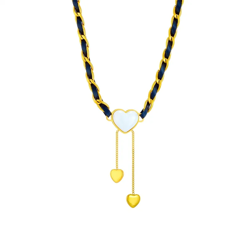 316L Stainless Steel Large Heart Shaped Pearl Tassel Pendant Necklace For Women