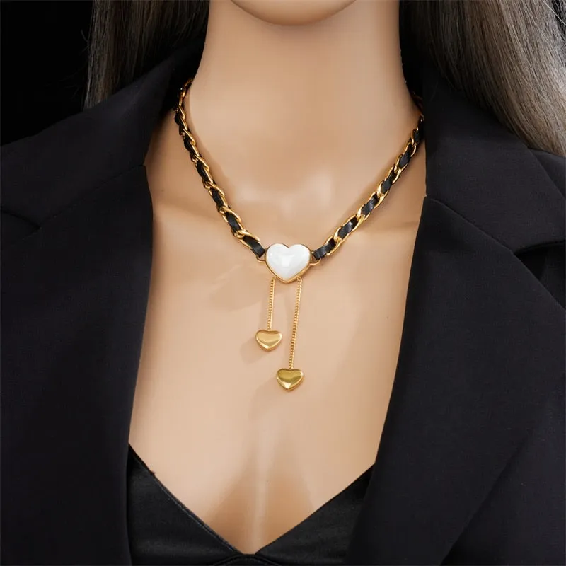 316L Stainless Steel Large Heart Shaped Pearl Tassel Pendant Necklace For Women