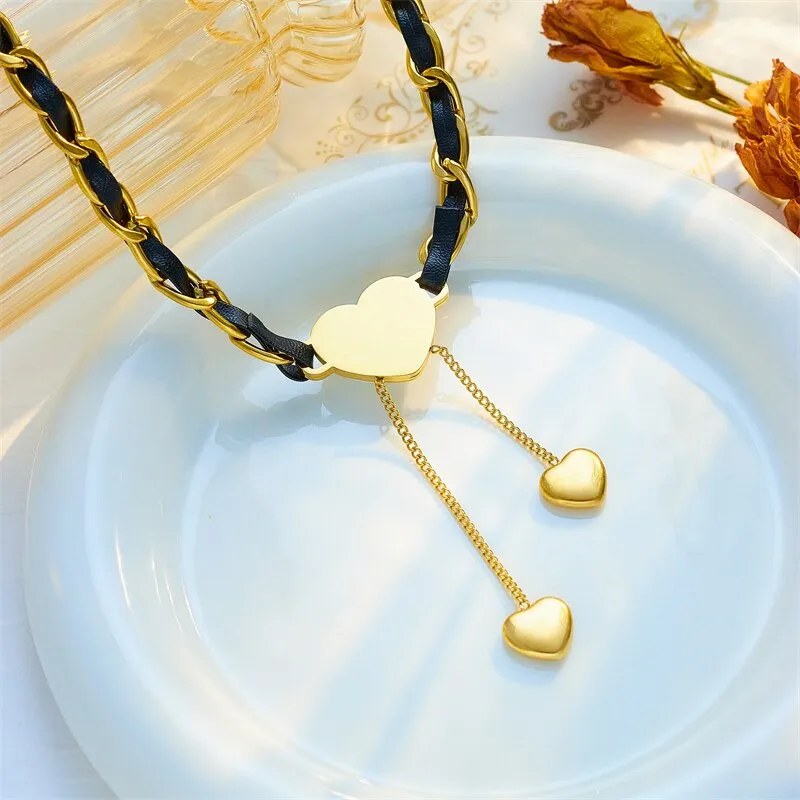 316L Stainless Steel Large Heart Shaped Pearl Tassel Pendant Necklace For Women