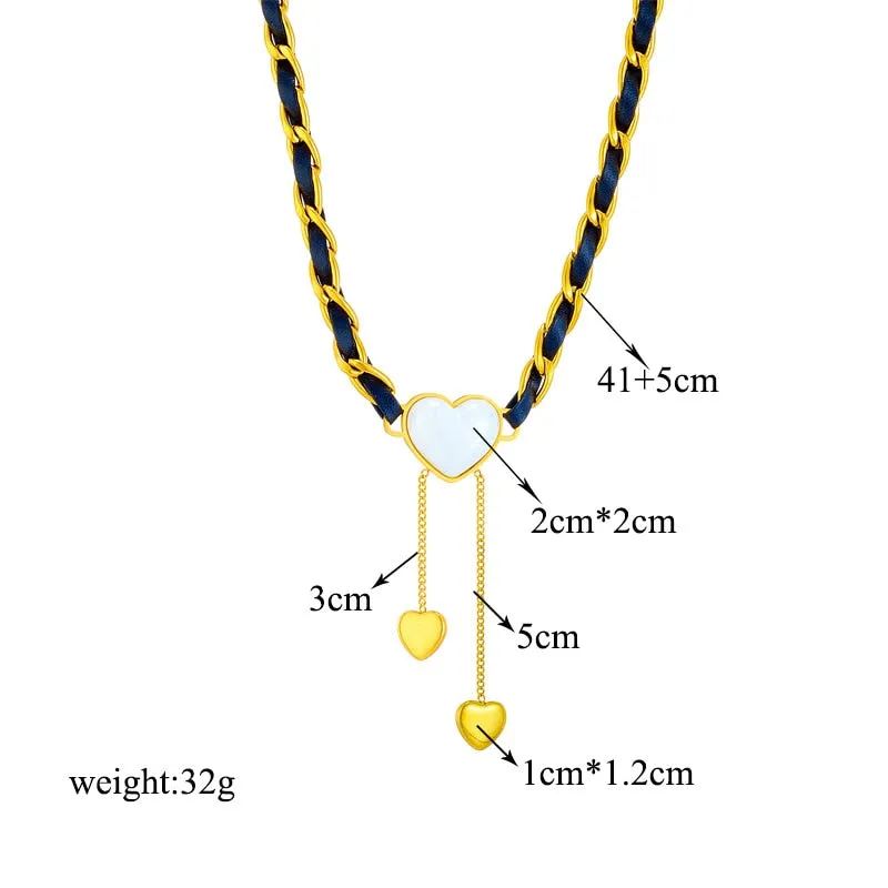 316L Stainless Steel Large Heart Shaped Pearl Tassel Pendant Necklace For Women