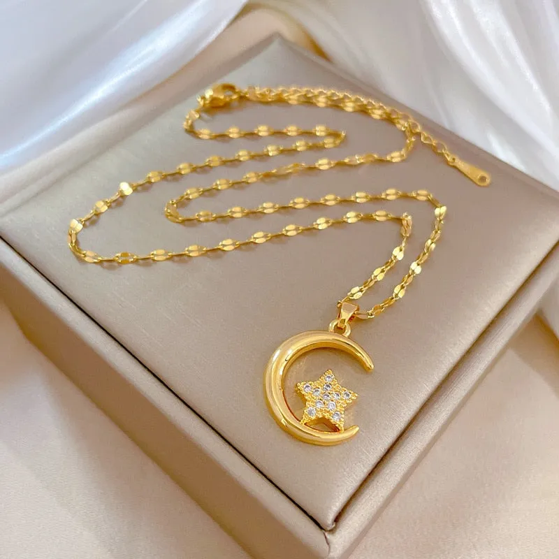 316L Stainless Steel Moon Star Pendant Necklace For Women