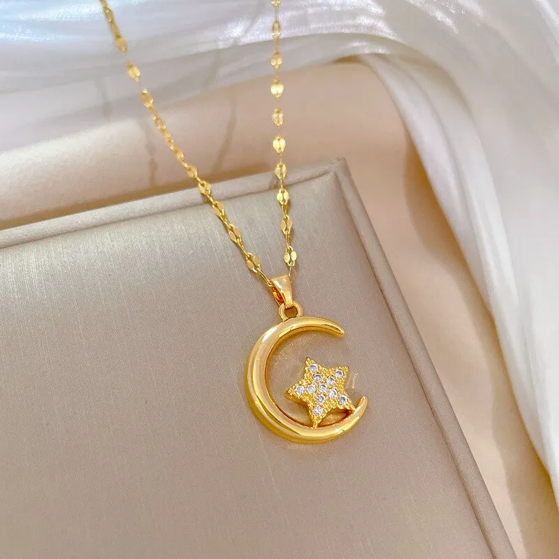 316L Stainless Steel Moon Star Pendant Necklace For Women
