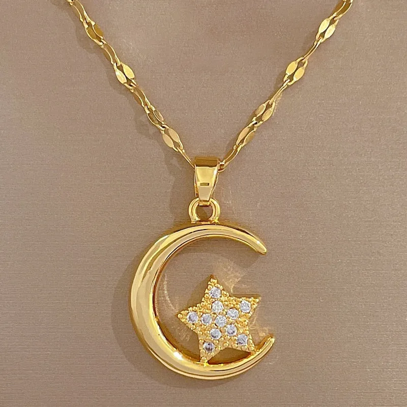 316L Stainless Steel Moon Star Pendant Necklace For Women