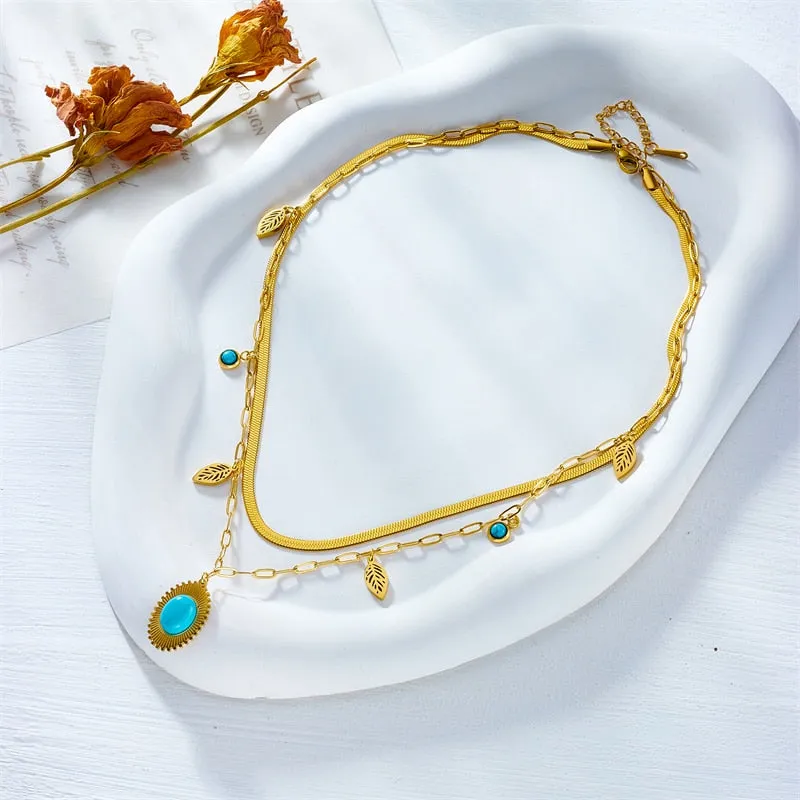 316L Stainless Steel Oval Blue Stone Pendant Necklace For Women