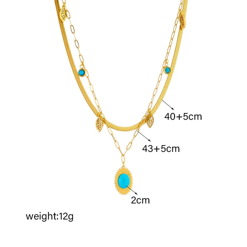 316L Stainless Steel Oval Blue Stone Pendant Necklace For Women