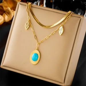 316L Stainless Steel Oval Blue Stone Pendant Necklace For Women