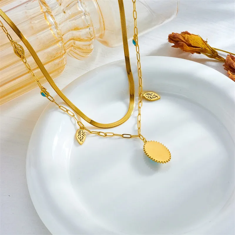 316L Stainless Steel Oval Blue Stone Pendant Necklace For Women