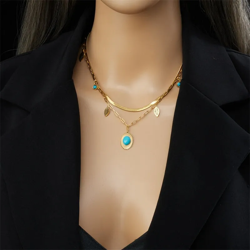 316L Stainless Steel Oval Blue Stone Pendant Necklace For Women