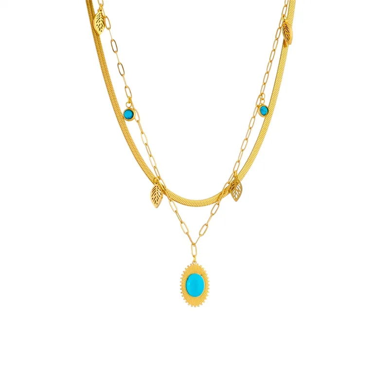 316L Stainless Steel Oval Blue Stone Pendant Necklace For Women