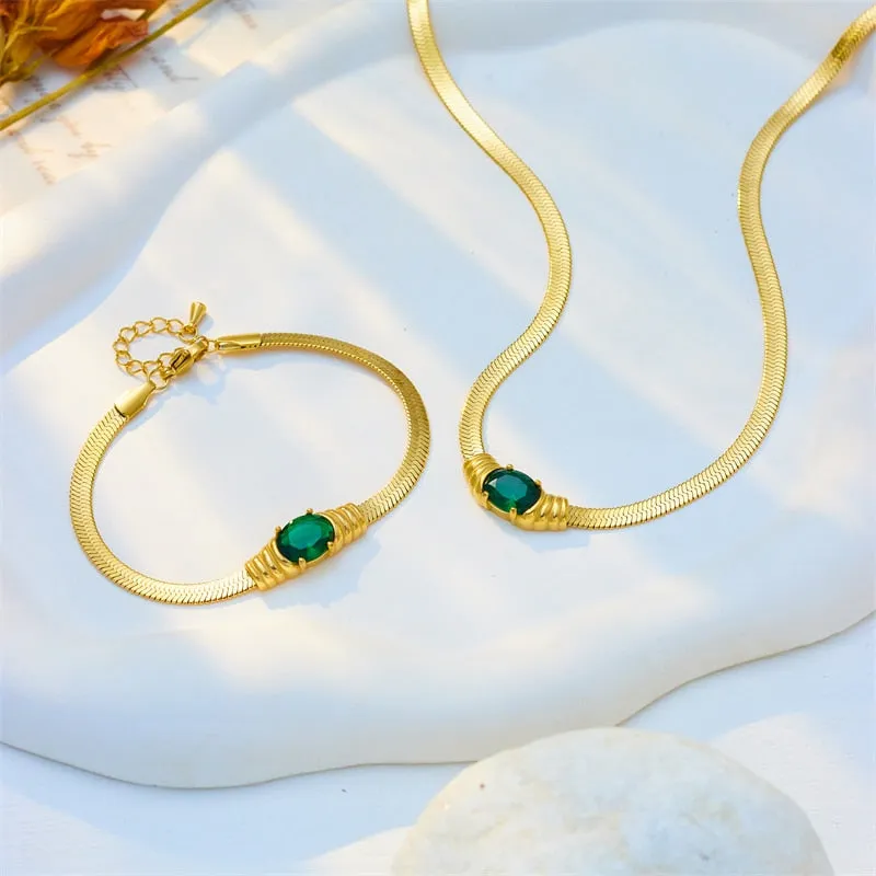 316L Stainless Steel Oval Green White Zircon Pendant Necklace For Women